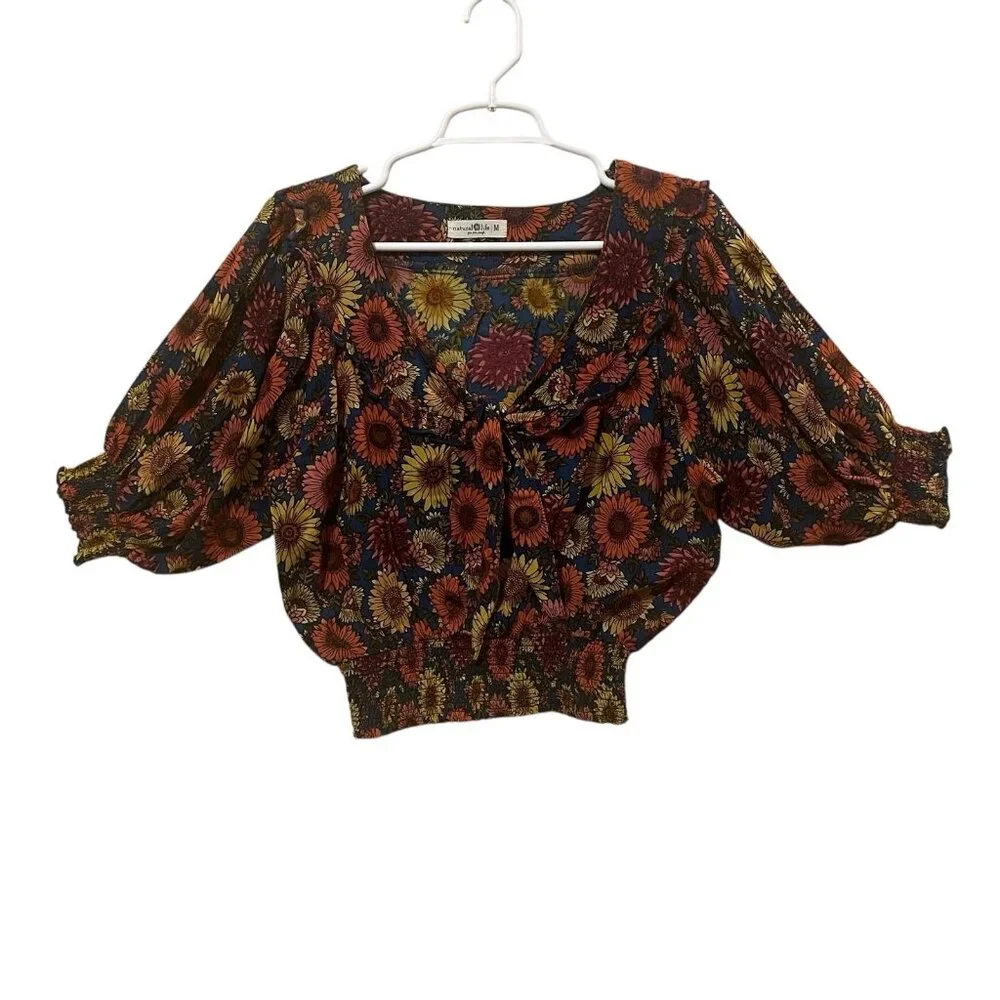 Natural Life Crop Top Smocked Floral Short Sleeve Size Médium Ruffle Shirt Boho - Picture 1 of 8